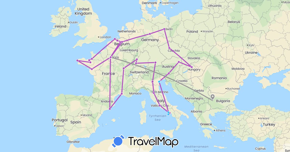 TravelMap itinerary: driving, plane, train, boat in Austria, Belgium, Bulgaria, Czech Republic, Germany, Spain, France, Hungary, Italy (Europe)