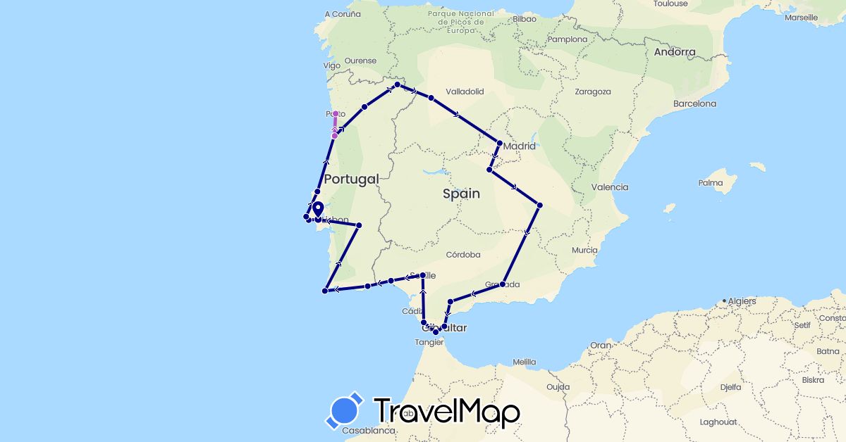 TravelMap itinerary: driving, train in Spain, Portugal (Europe)