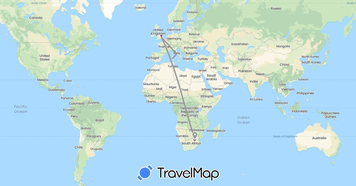 TravelMap itinerary: driving, bus, plane, train in United Kingdom, Italy, South Africa (Africa, Europe)