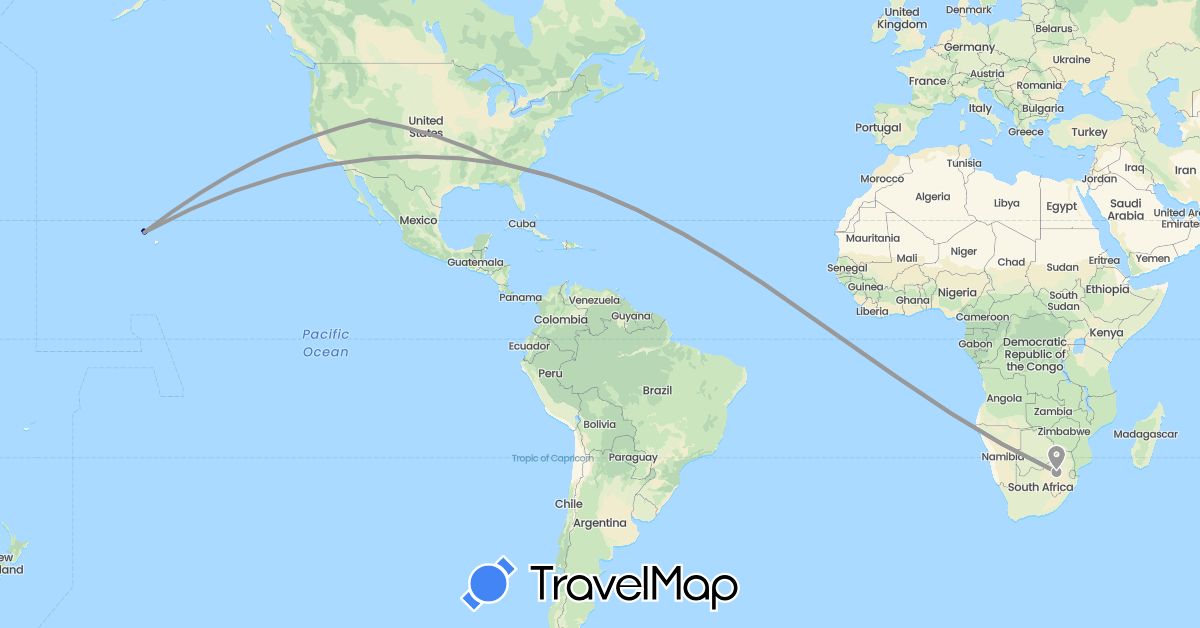 TravelMap itinerary: driving, plane in United States, South Africa (Africa, North America)